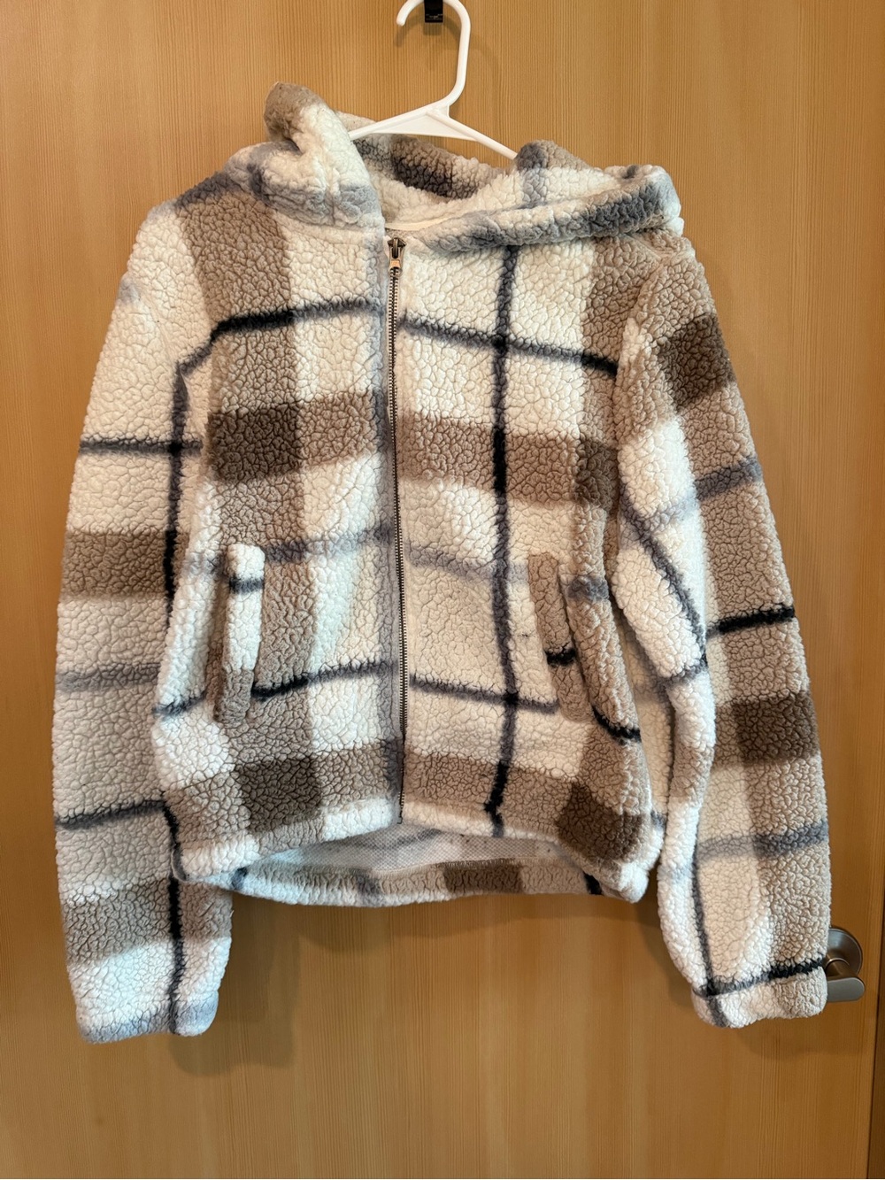 Reflex Plush Hooded Zip Jacket - Cream & Brown Plaid